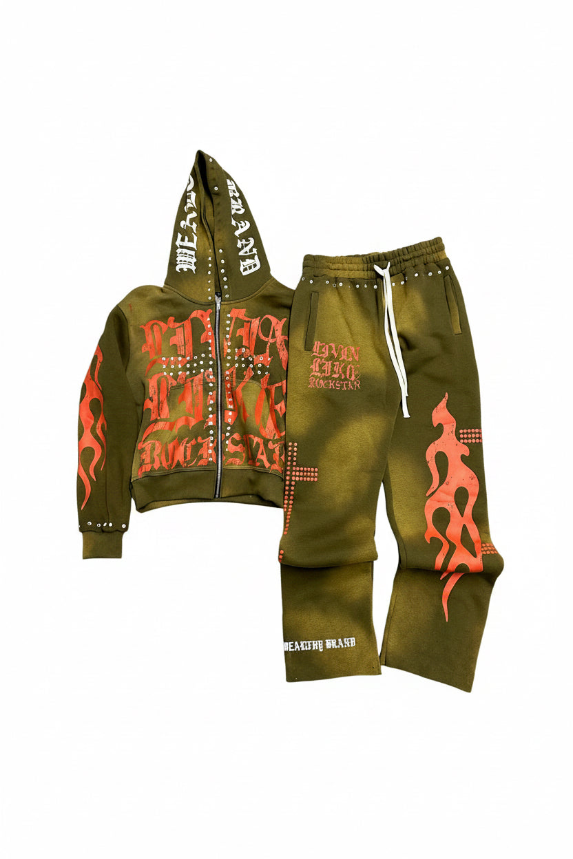 Wealthy Brand "Rockstar" Tracksuit Set - Olive/Orange
