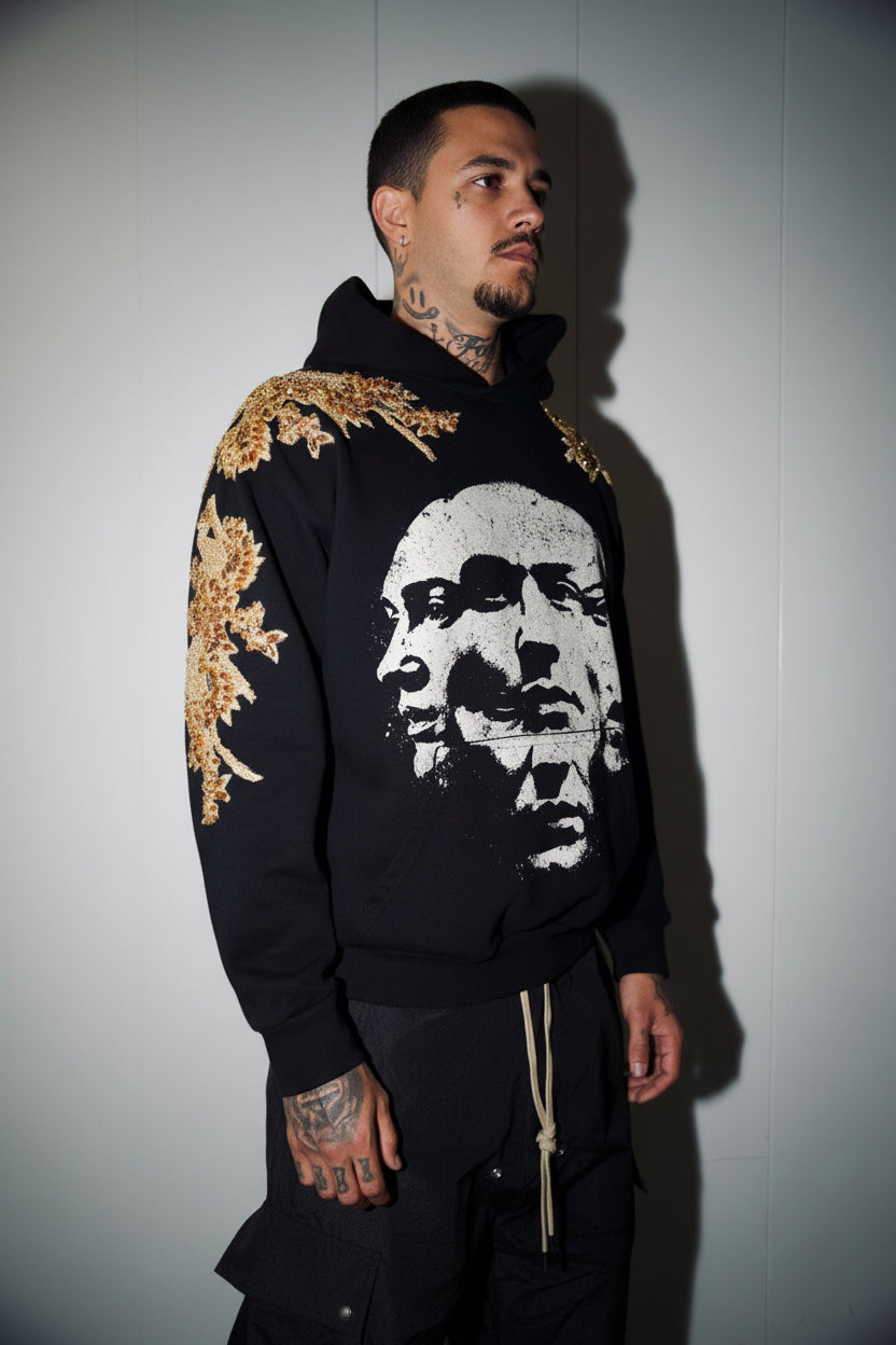 MIKAMI — Gilded Faces Hoodie
One of one. Swarovski®